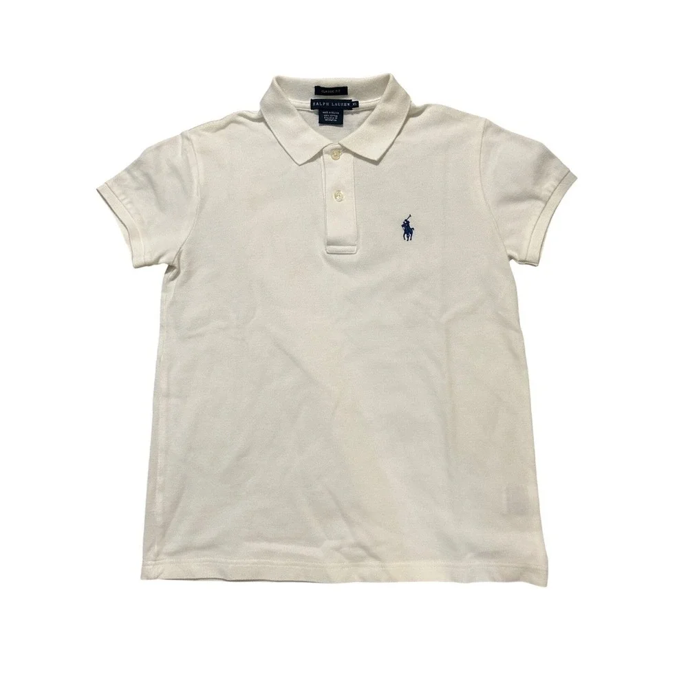 Ralph Lauren Kids White Cotton Pique Polo‎ Shirt Classic Fit Navy Pony XS 7
